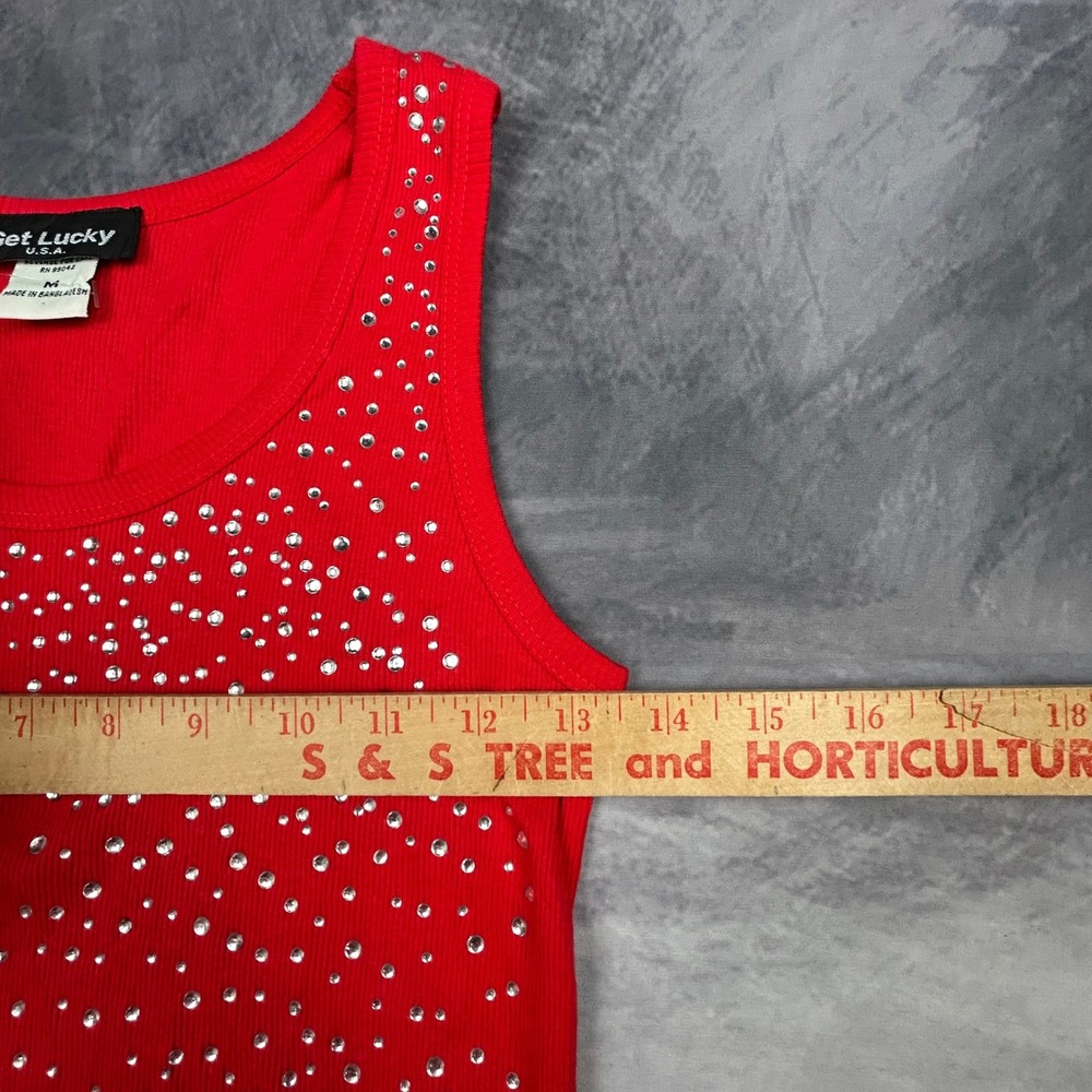 Get Lucky USA Red Rhinestone Ribbed Tank Top Women Medium Y2K Vintage Streetwear - Picture 6 of 8
